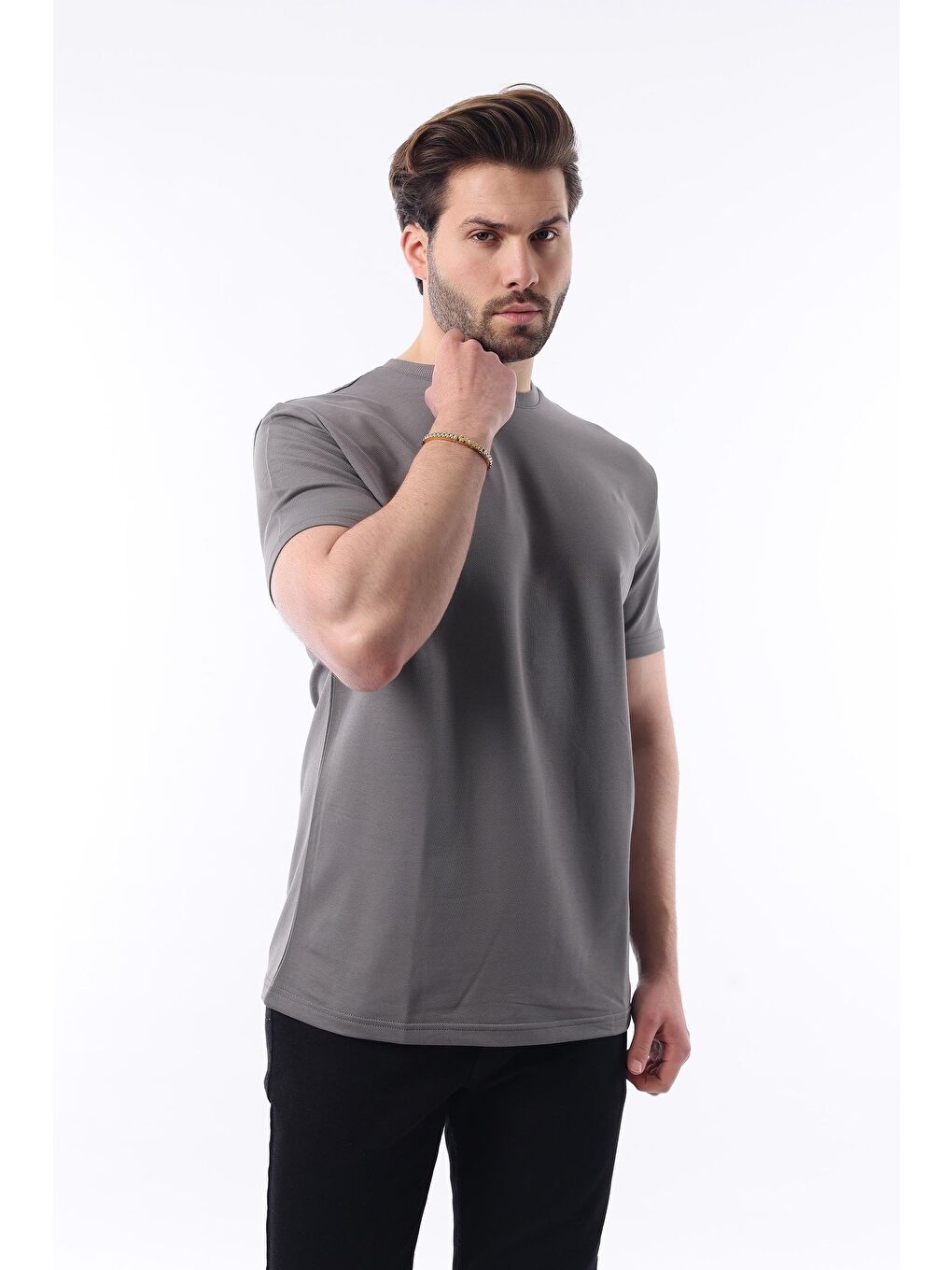 Gri Füme Bisiklet Yaka Basic Kısa Kollu Tişört 7042-1