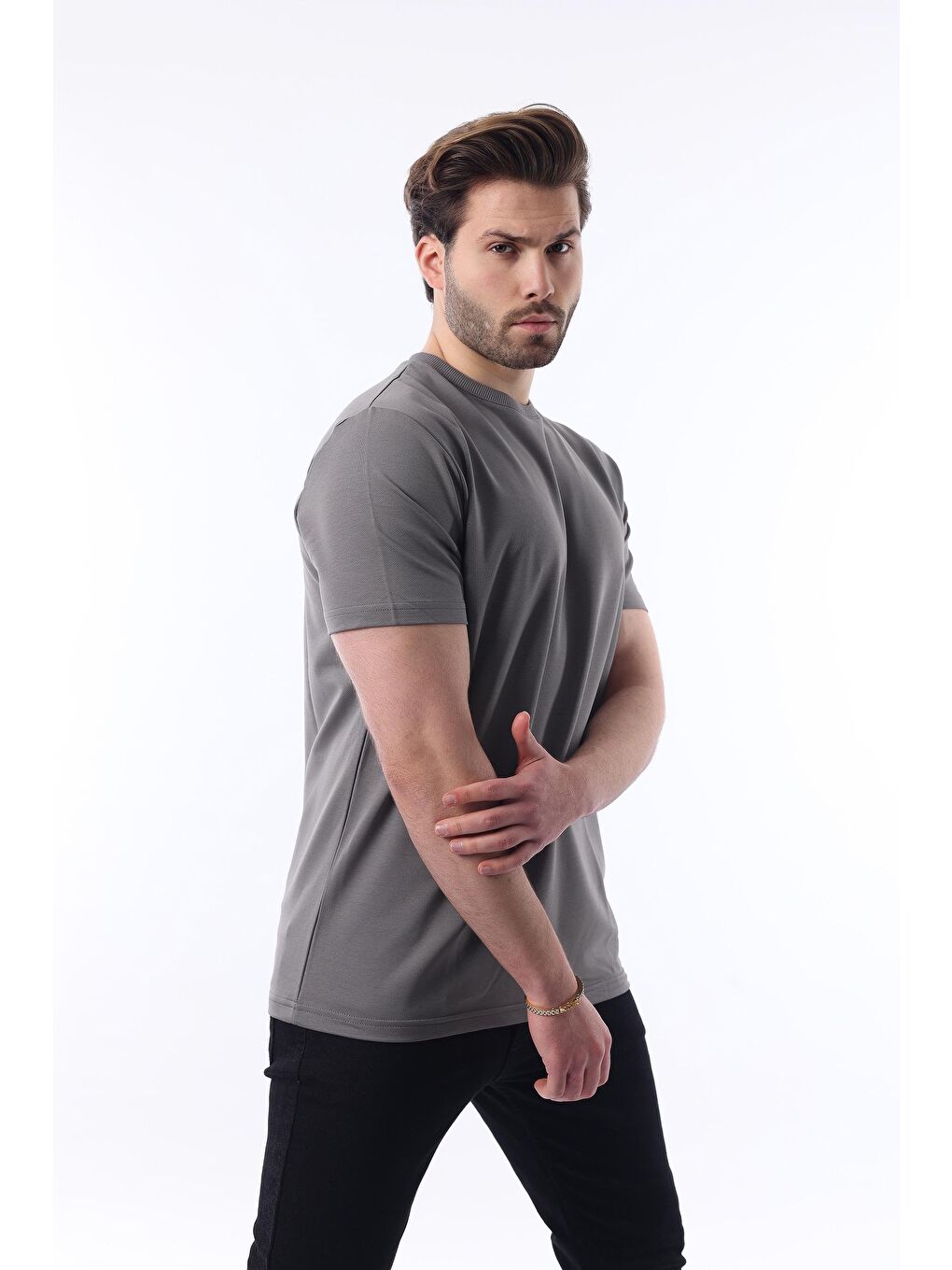 Gri Füme Bisiklet Yaka Basic Kısa Kollu Tişört 7042-2