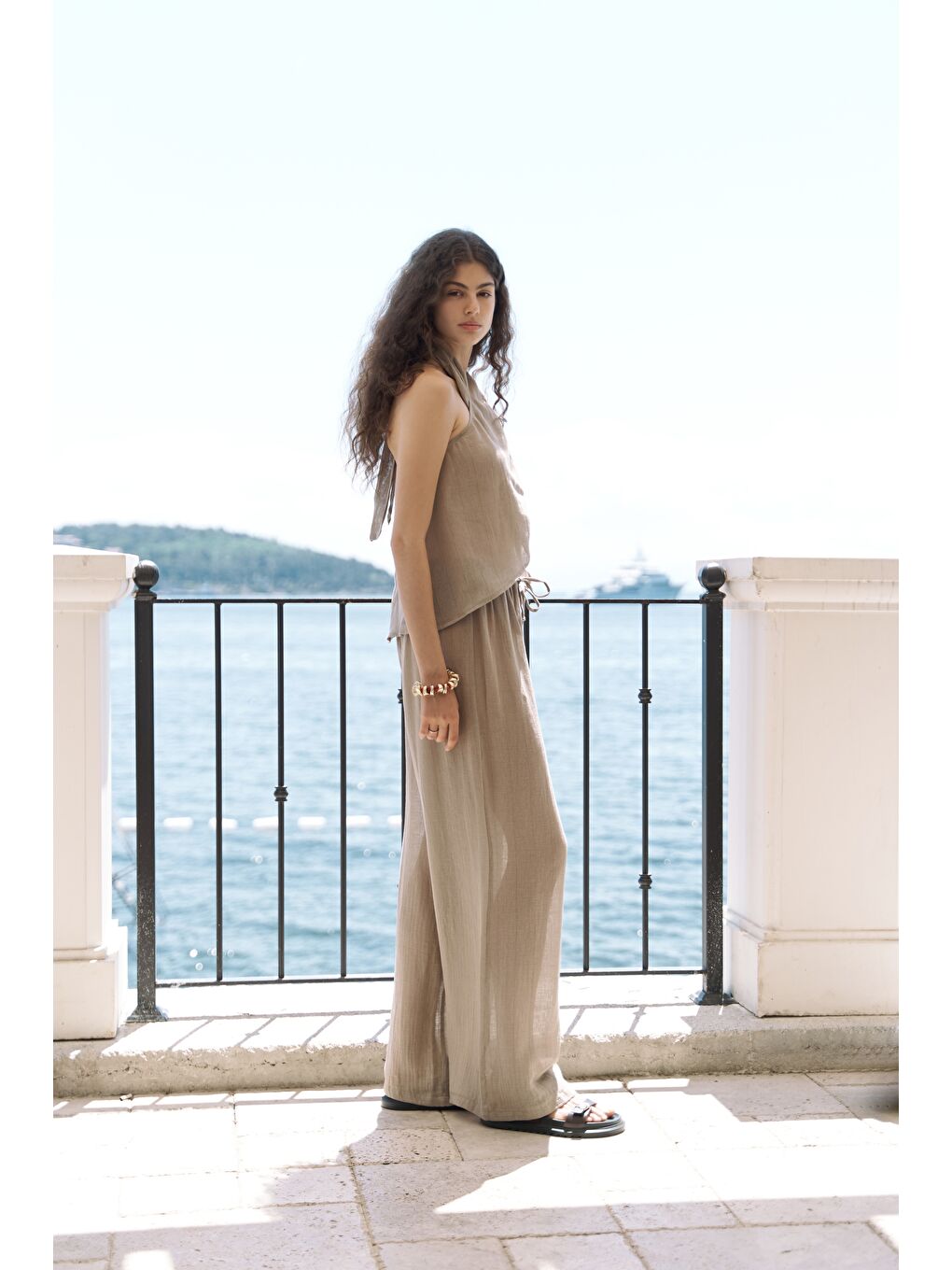 Cadhas Boyundan Bağlamalı Haki Crop Pantolon Takım-3