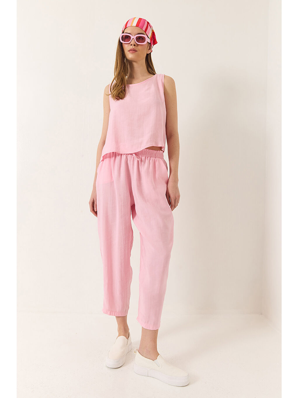 Pembe Kadın Kalın Askılı Bluz Beli Lastikli Pantolon Modal Takım-2