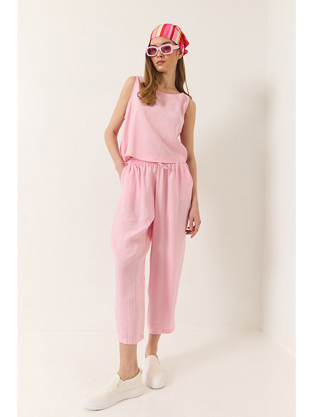 Pembe Kadın Kalın Askılı Bluz Beli Lastikli Pantolon Modal Takım-3