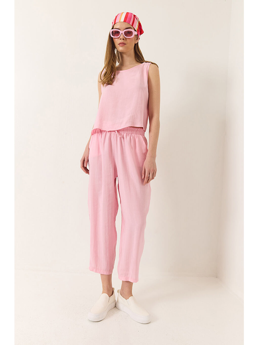 Pembe Kadın Kalın Askılı Bluz Beli Lastikli Pantolon Modal Takım-4