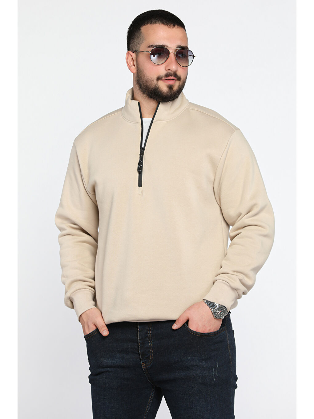 Mishar İtalia Bej Erkek Yarım Balıkçı Yaka Şardonlu Fermuarlı Sweatshirt