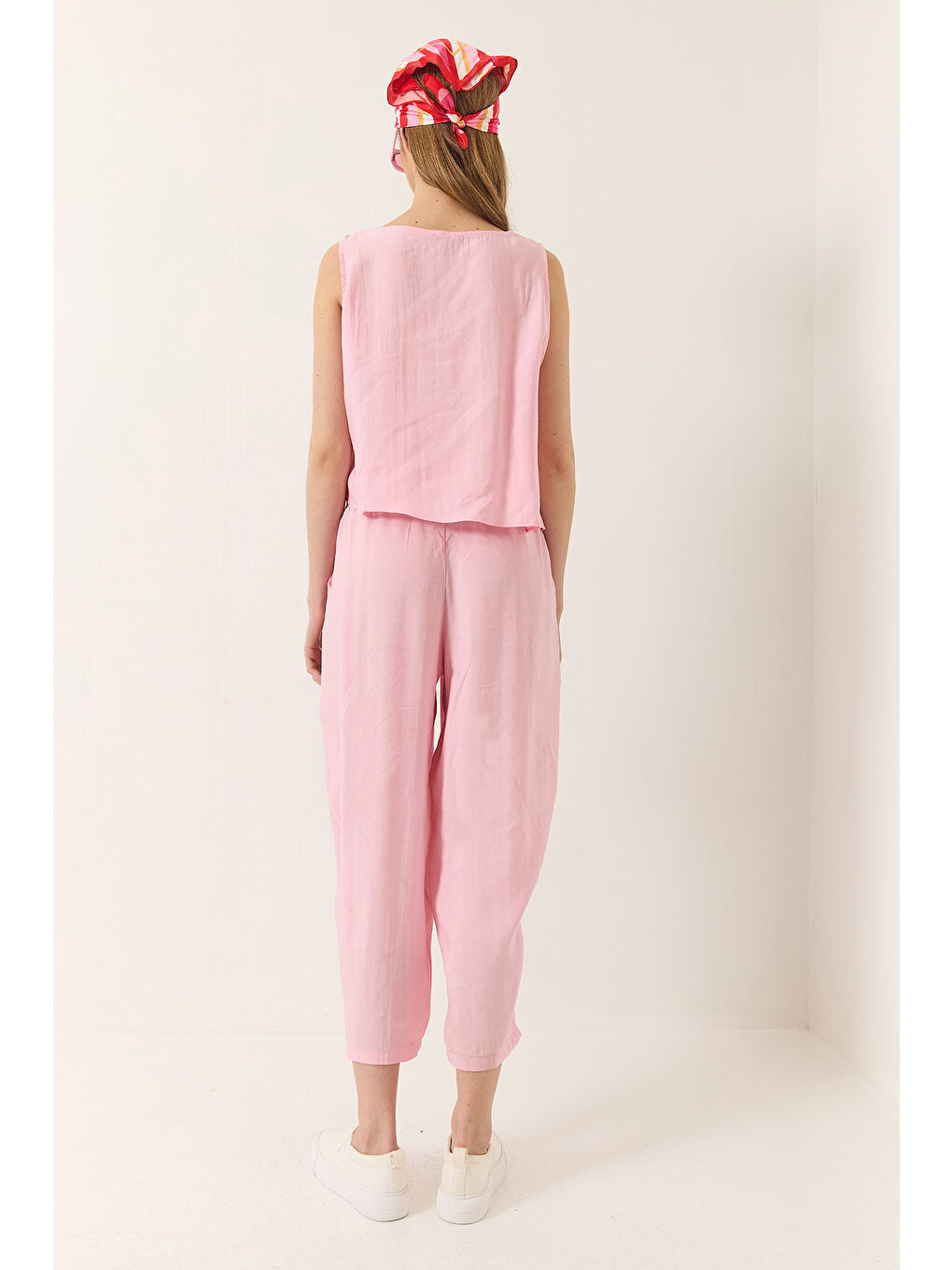 Pembe Kadın Kalın Askılı Bluz Beli Lastikli Pantolon Modal Takım-6