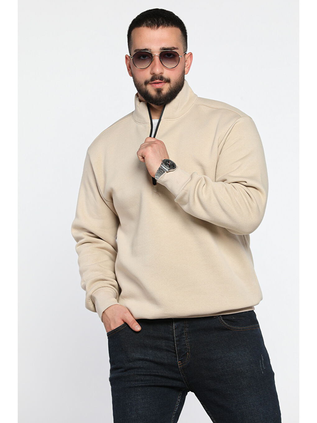 Mishar İtalia Bej Erkek Yarım Balıkçı Yaka Şardonlu Fermuarlı Sweatshirt - 1