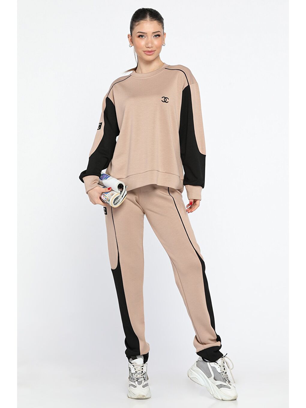 Bej Kadın Renk Garnili Eşofman Takımı