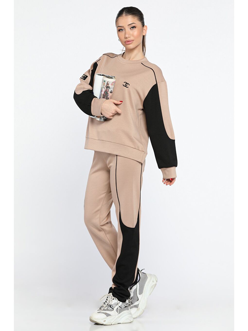 Bej Kadın Renk Garnili Eşofman Takımı-1