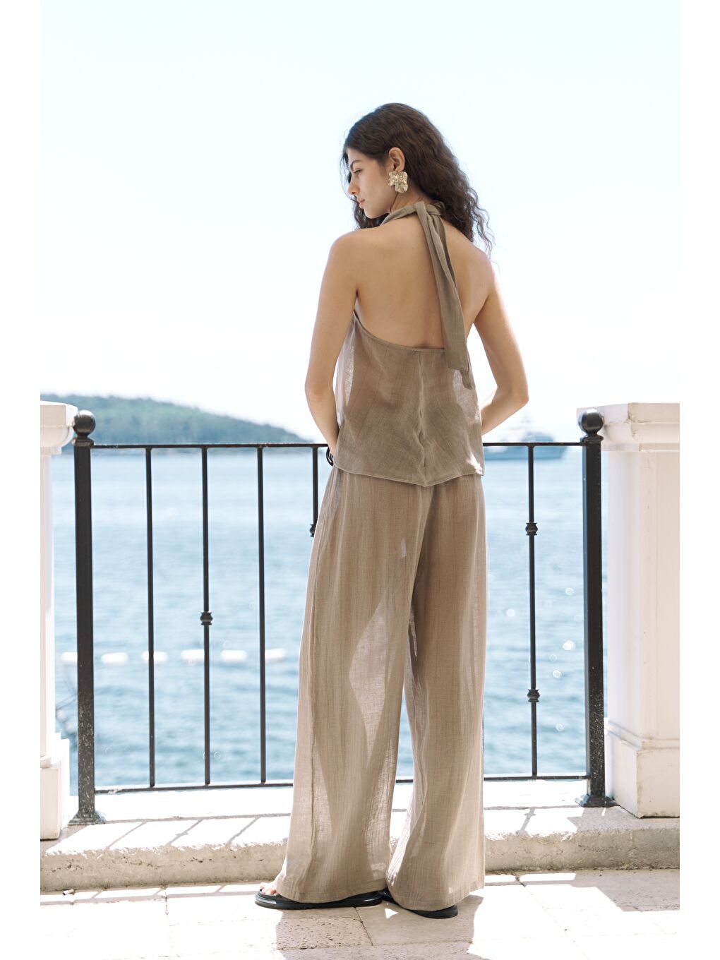 Cadhas Boyundan Bağlamalı Haki Crop Pantolon Takım-4