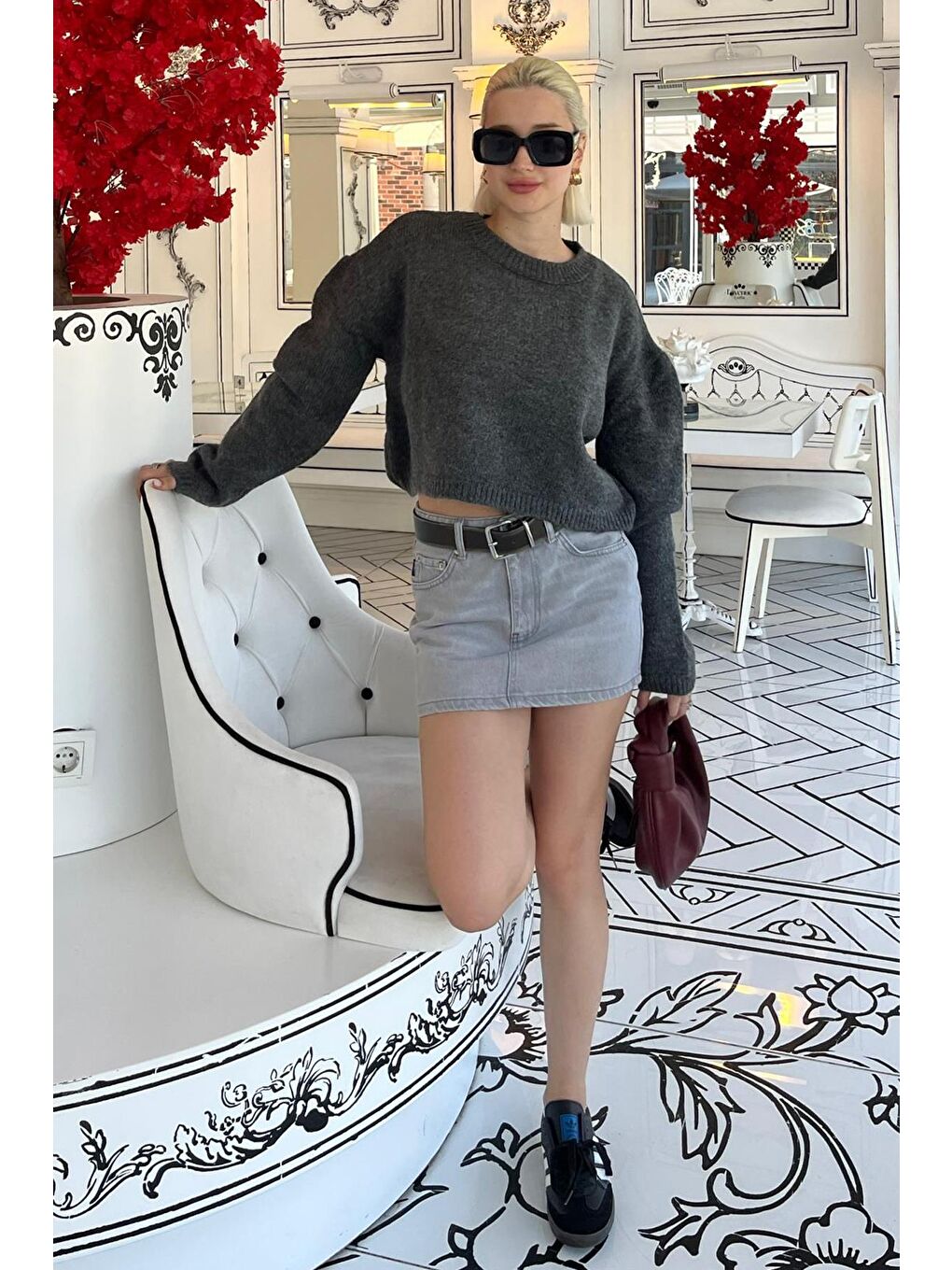 Antrasit Bisiklet Yaka Crop Kadın Kazak Mg2166