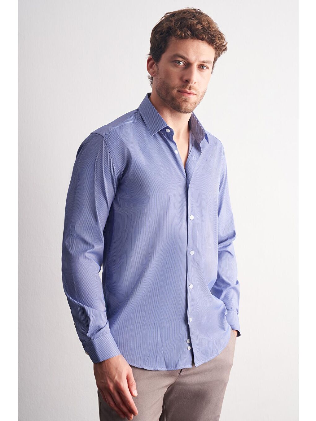 İndigo Mavi - Beyaz Sert Yaka Çizgili Desen Uzun Kol Slim Fit Esnek Gömlek 1004255176-2