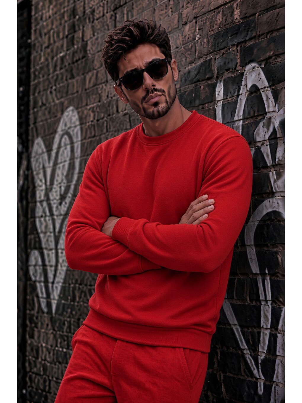 Kırmızı John Erkek İki İpli Şardonlu Düz Renk Günlük Bisiklet Yaka Sweatshirt