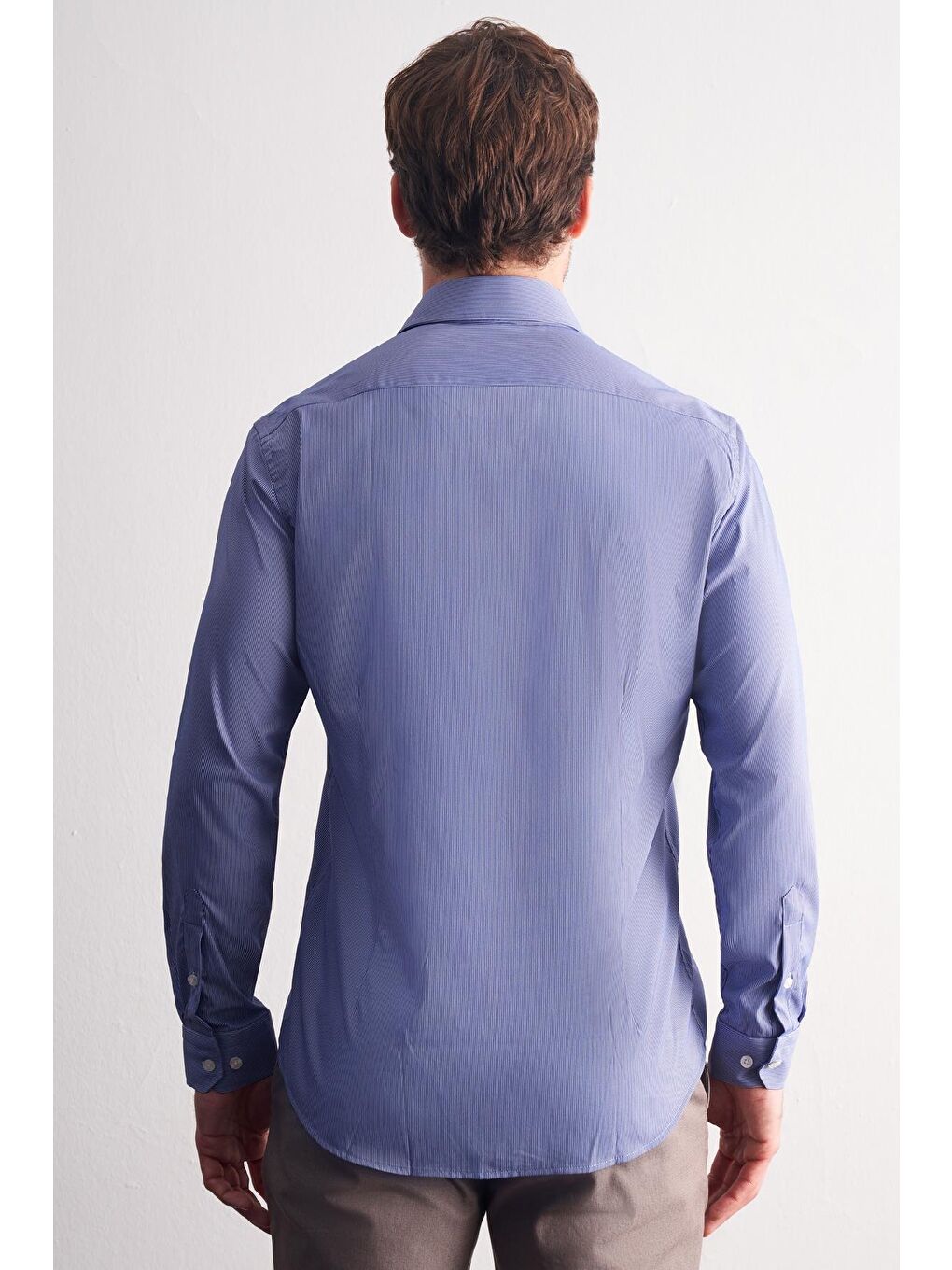 İndigo Mavi - Beyaz Sert Yaka Çizgili Desen Uzun Kol Slim Fit Esnek Gömlek 1004255176-3