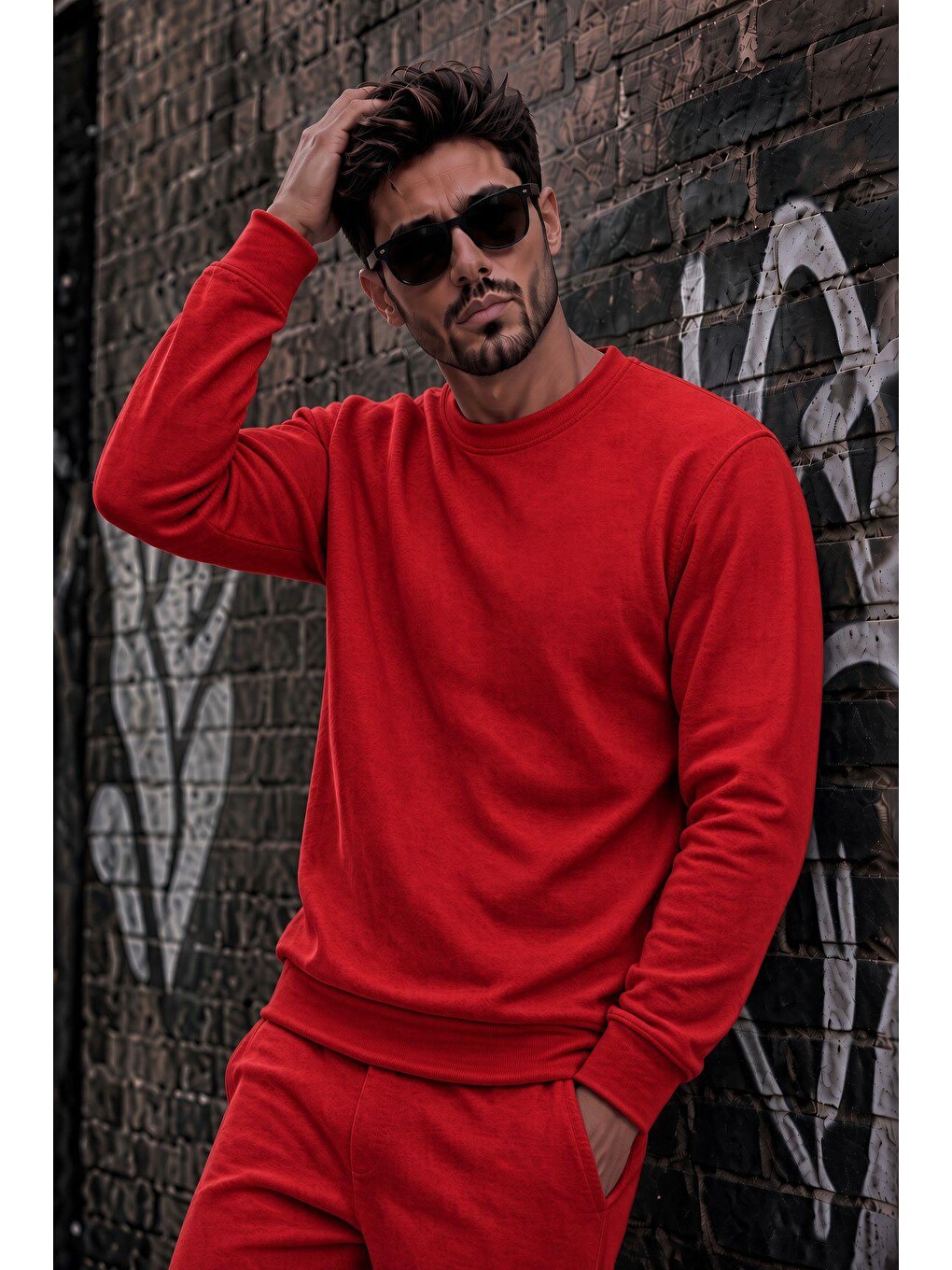 Kırmızı John Erkek İki İpli Şardonlu Düz Renk Günlük Bisiklet Yaka Sweatshirt-1