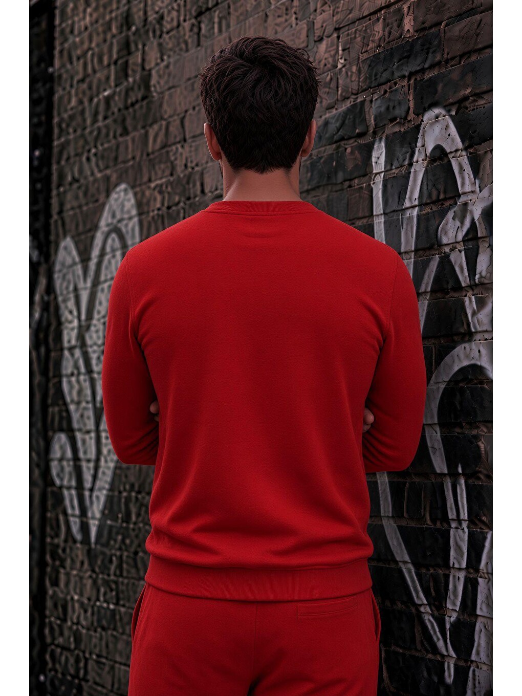 Kırmızı John Erkek İki İpli Şardonlu Düz Renk Günlük Bisiklet Yaka Sweatshirt-2