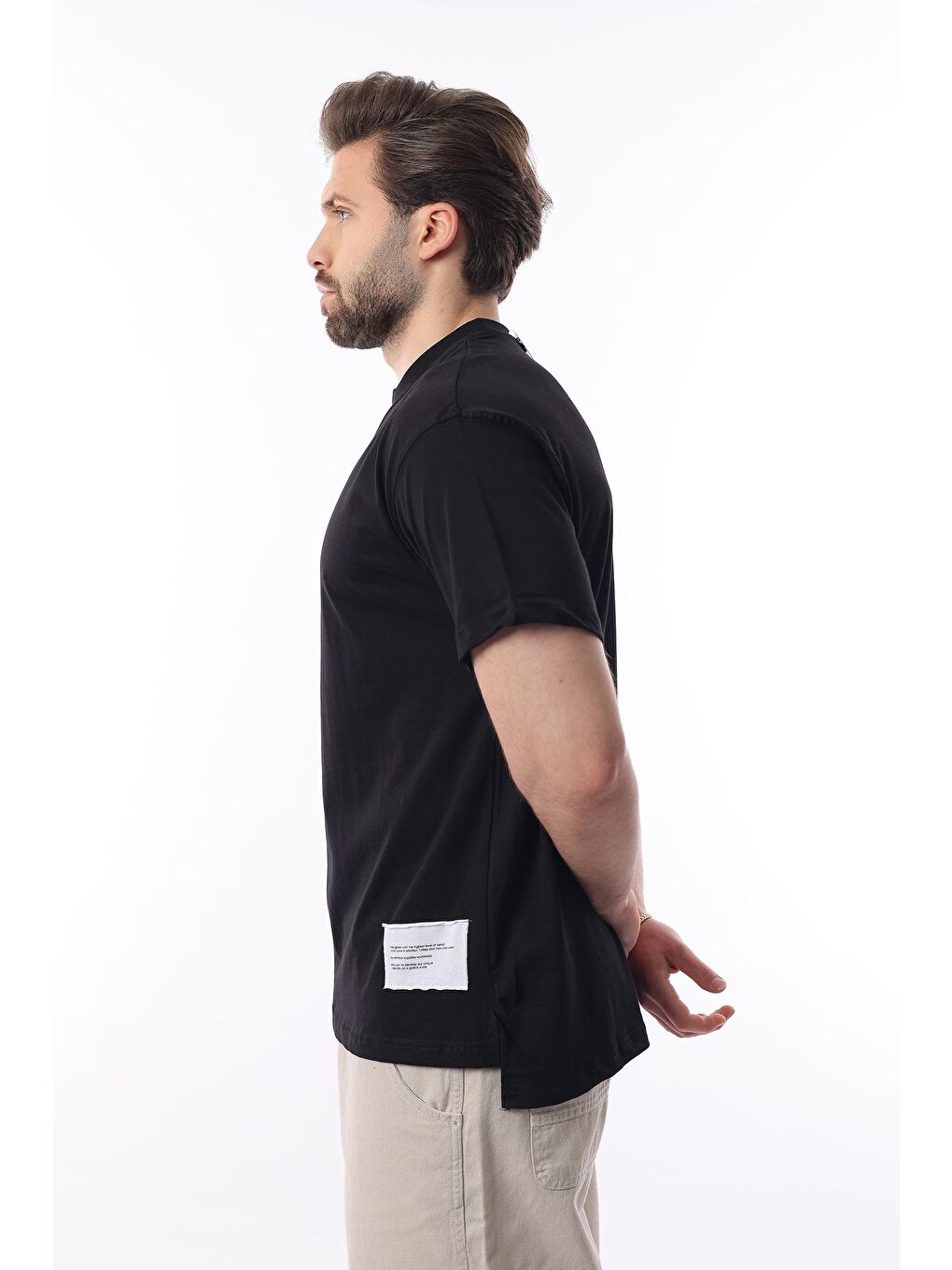 Siyah Bisiklet Yaka Pamuklu Arma Deyatlı Overfit %100 Pamuk Tişört 7019-1