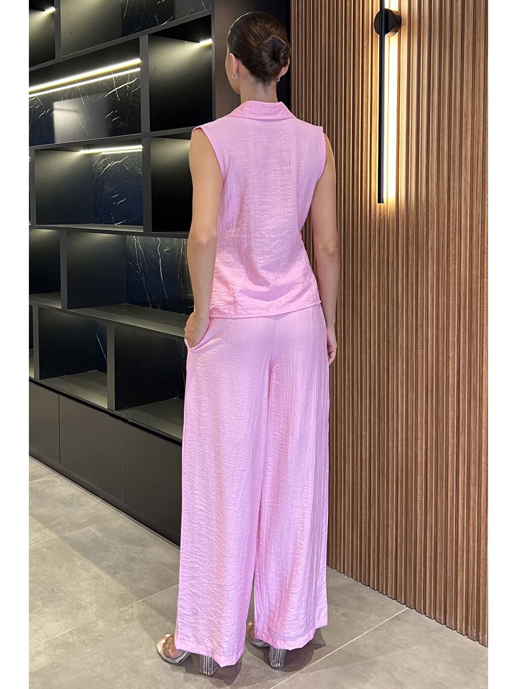 Pembe Kadın Kruvaze Yaka Bağlama Detaylı Bluz Pantolon İkili Takım-2