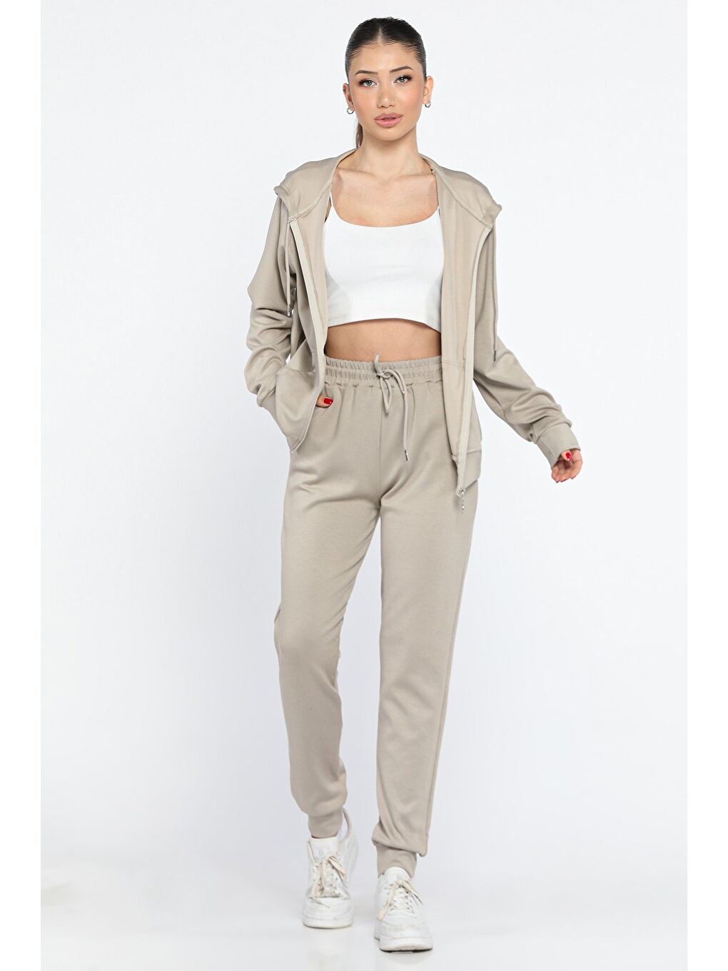Bej Kadın Cepli Fermuarlı Sweat Pantolon Eşofman Takımı