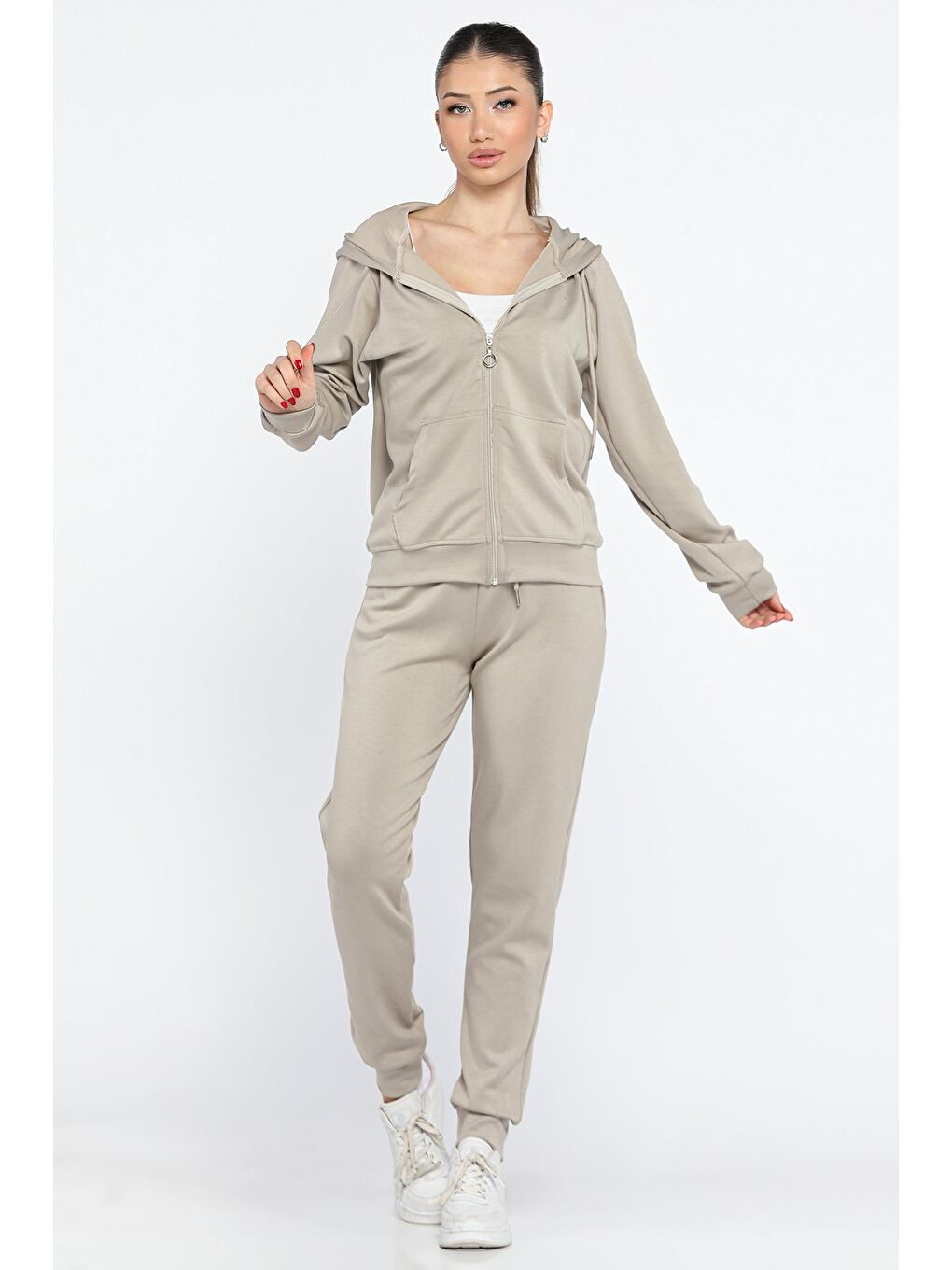 Bej Kadın Cepli Fermuarlı Sweat Pantolon Eşofman Takımı-1