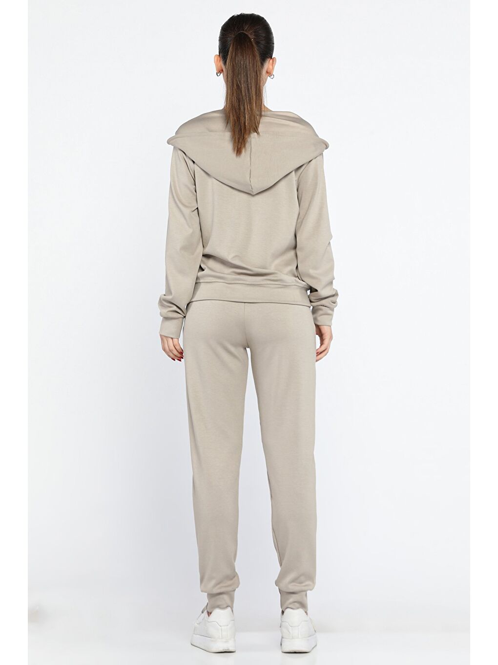 Bej Kadın Cepli Fermuarlı Sweat Pantolon Eşofman Takımı-2