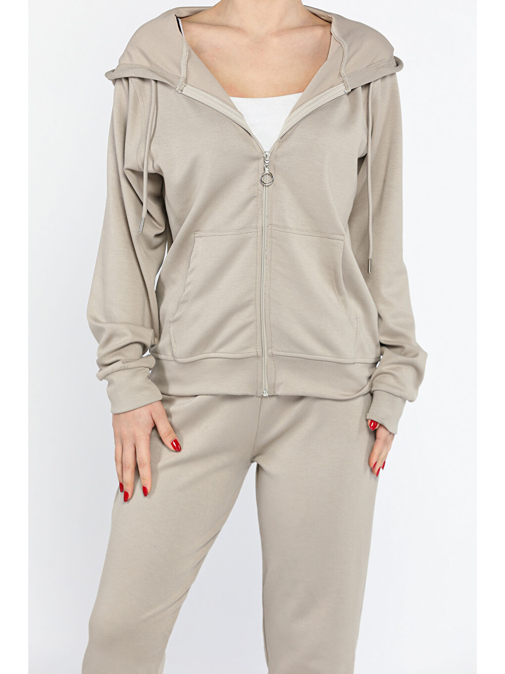 Bej Kadın Cepli Fermuarlı Sweat Pantolon Eşofman Takımı-3