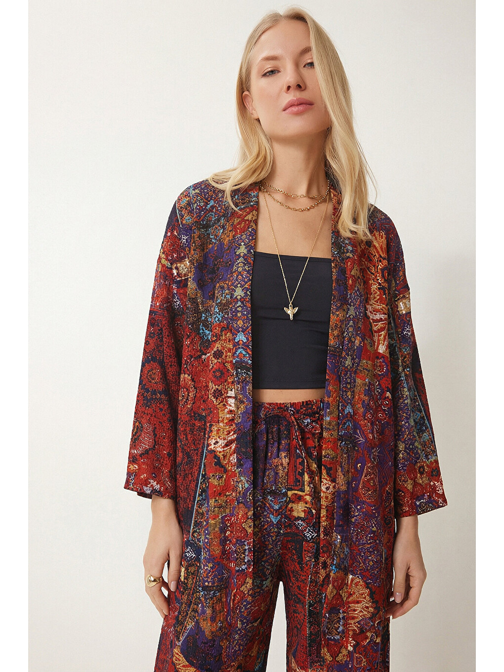 Kahverengi Desenli Yazlık Viskon Kimono Pantolon Takım KİREMİT MOR LRN0013-1