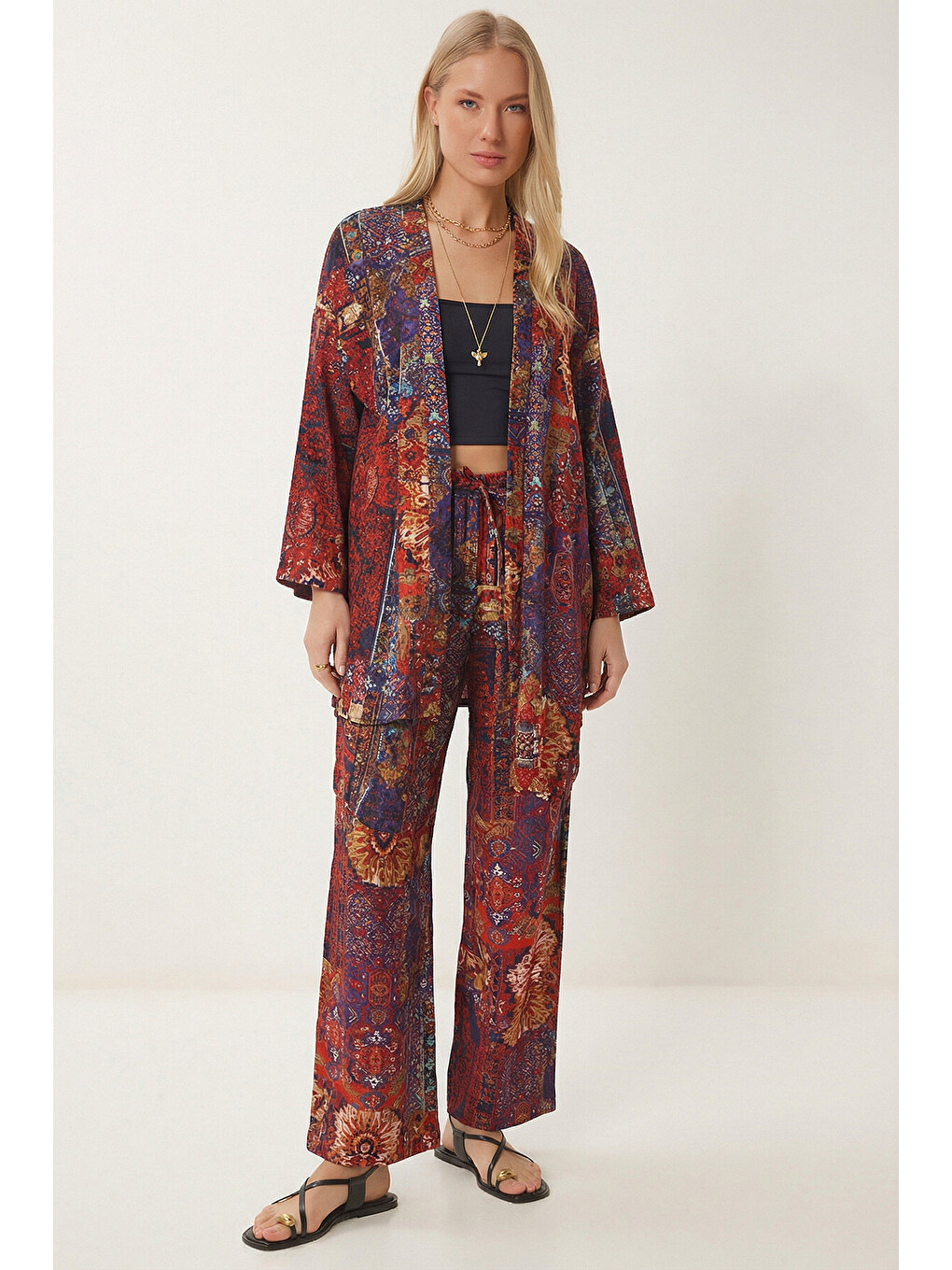 Kahverengi Desenli Yazlık Viskon Kimono Pantolon Takım KİREMİT MOR LRN0013-2