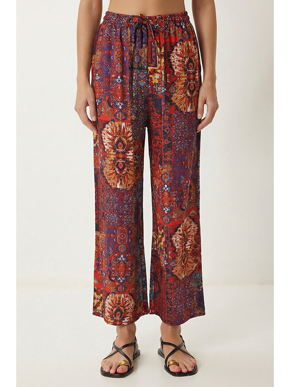 Kahverengi Desenli Yazlık Viskon Kimono Pantolon Takım KİREMİT MOR LRN0013-3
