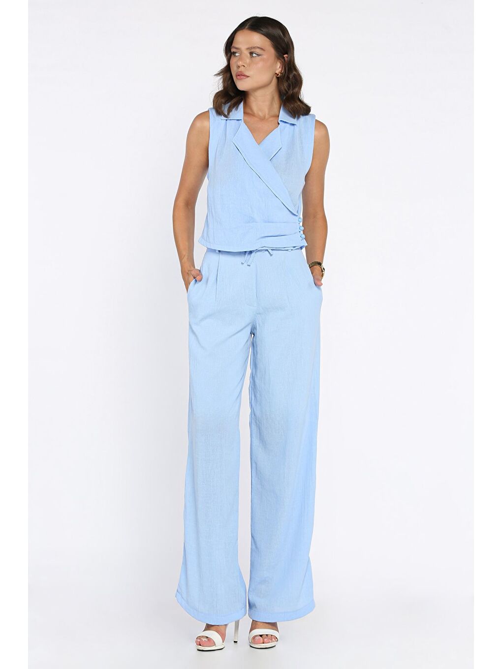 Mavi Kruvaze Yaka Keten Yelek Pantolon İkili Takım