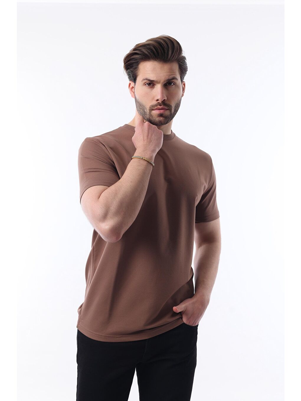 Kahverengi Bisiklet Yaka Basic Kısa Kollu Tişört 7042-1