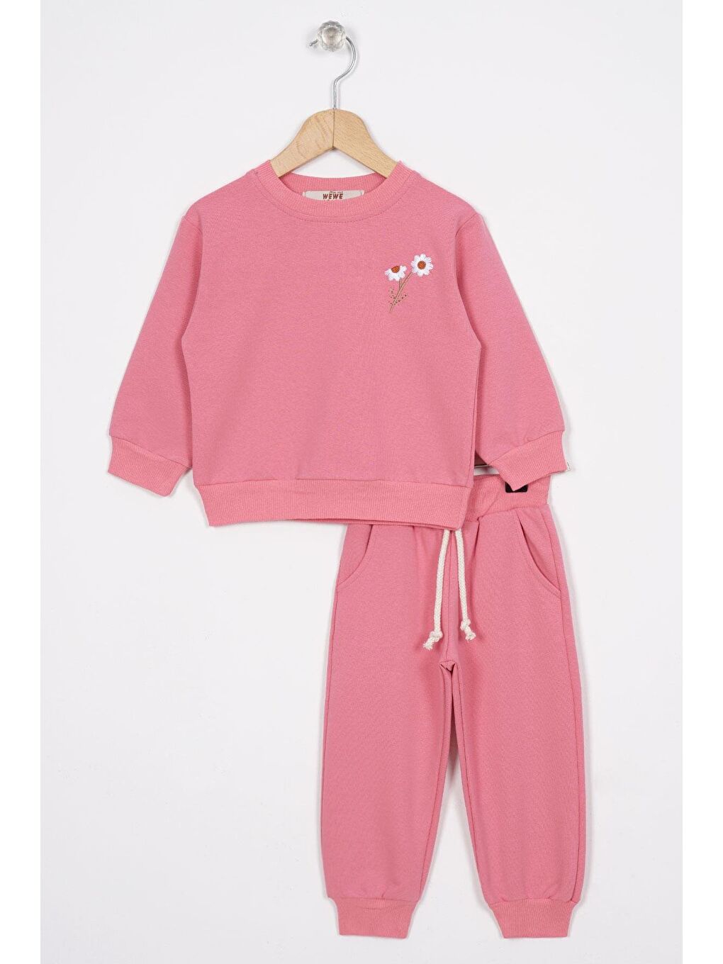 Pembe Bisiklet Yaka Uzun Kol Papatya Nakışlı Gül Kurusu Renk Kız Çocuk Eşofman Takım