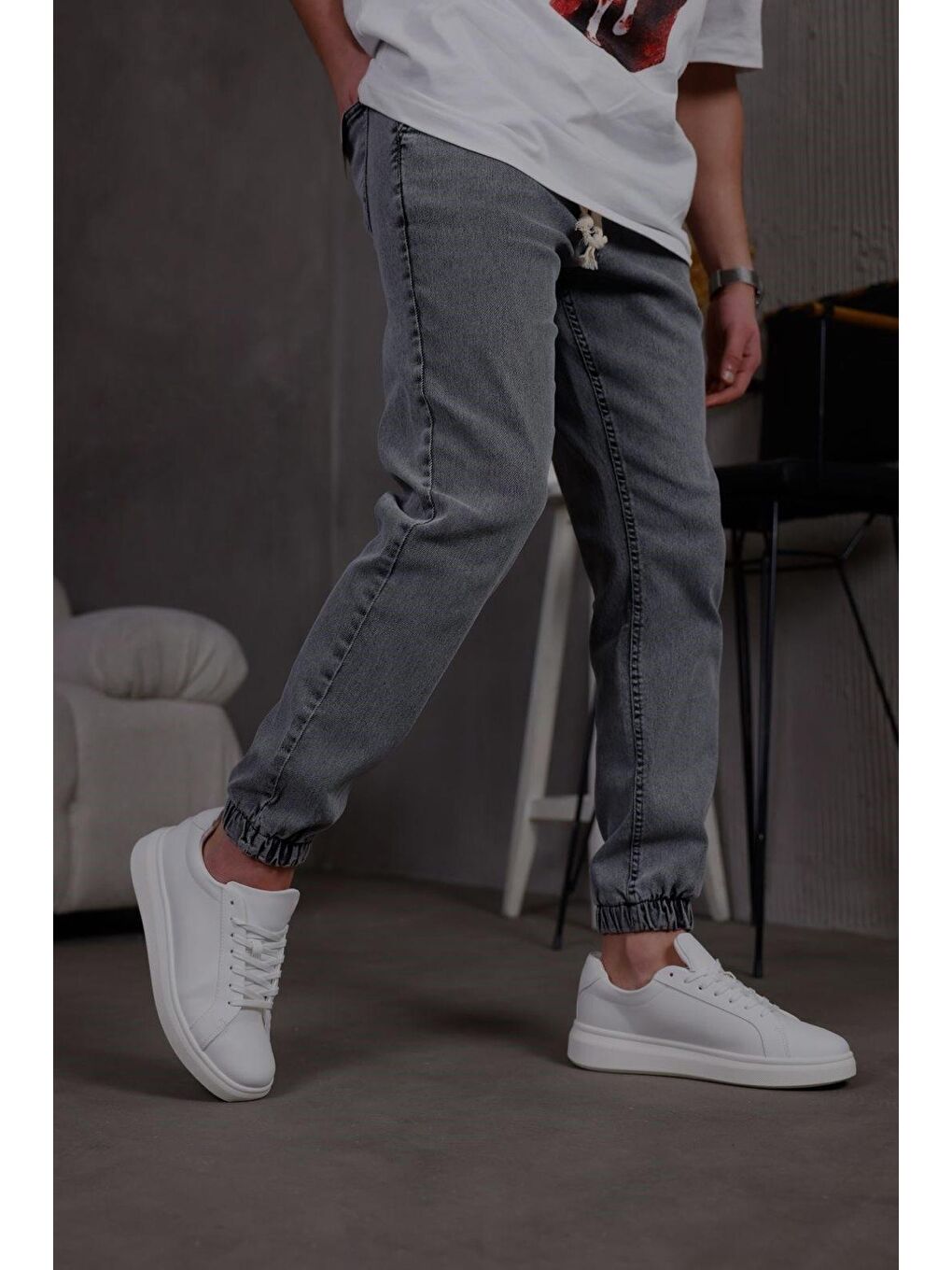Antrasit Zessi Paçası ve Beli Lastikli Slim Fit Elastanlı Jean Jogger Pantolon