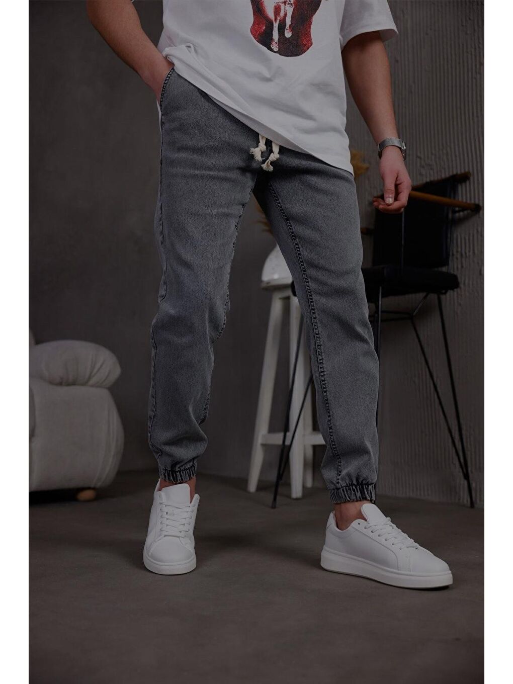 Antrasit Zessi Paçası ve Beli Lastikli Slim Fit Elastanlı Jean Jogger Pantolon-2