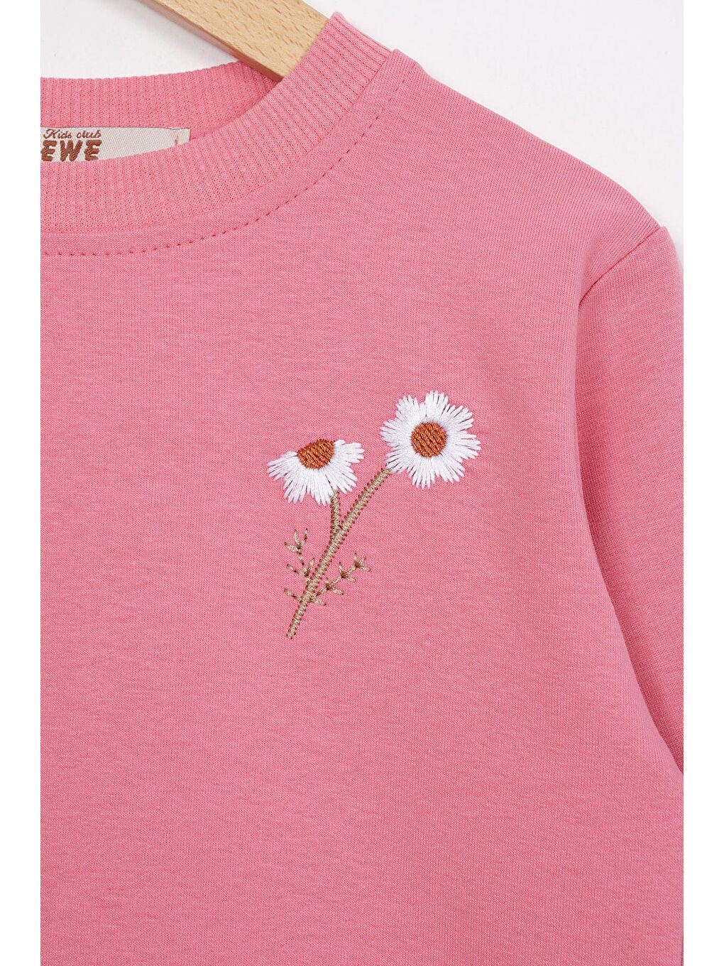 Pembe Bisiklet Yaka Uzun Kol Papatya Nakışlı Gül Kurusu Renk Kız Çocuk Eşofman Takım-1