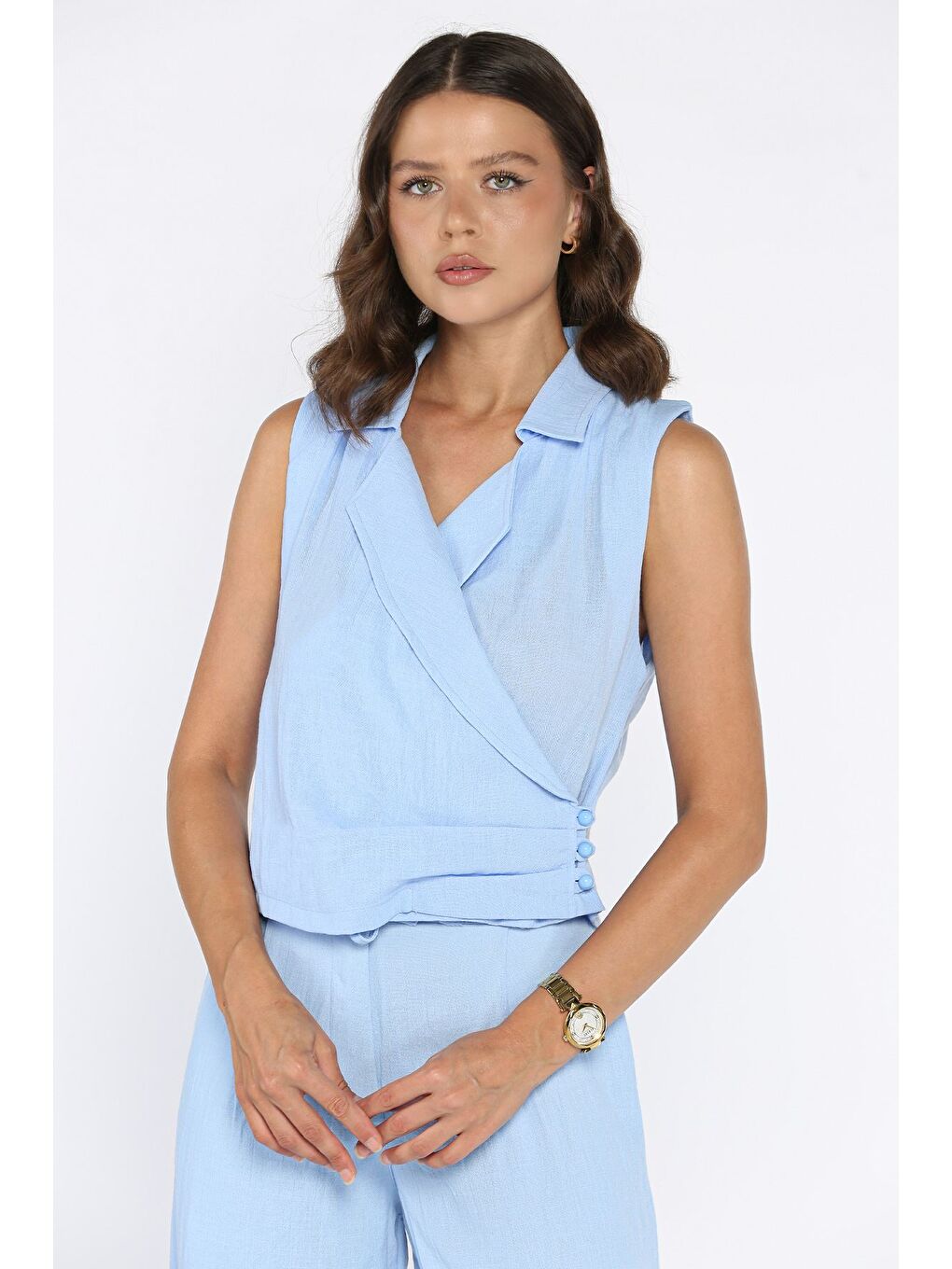 Mavi Kruvaze Yaka Keten Yelek Pantolon İkili Takım-1