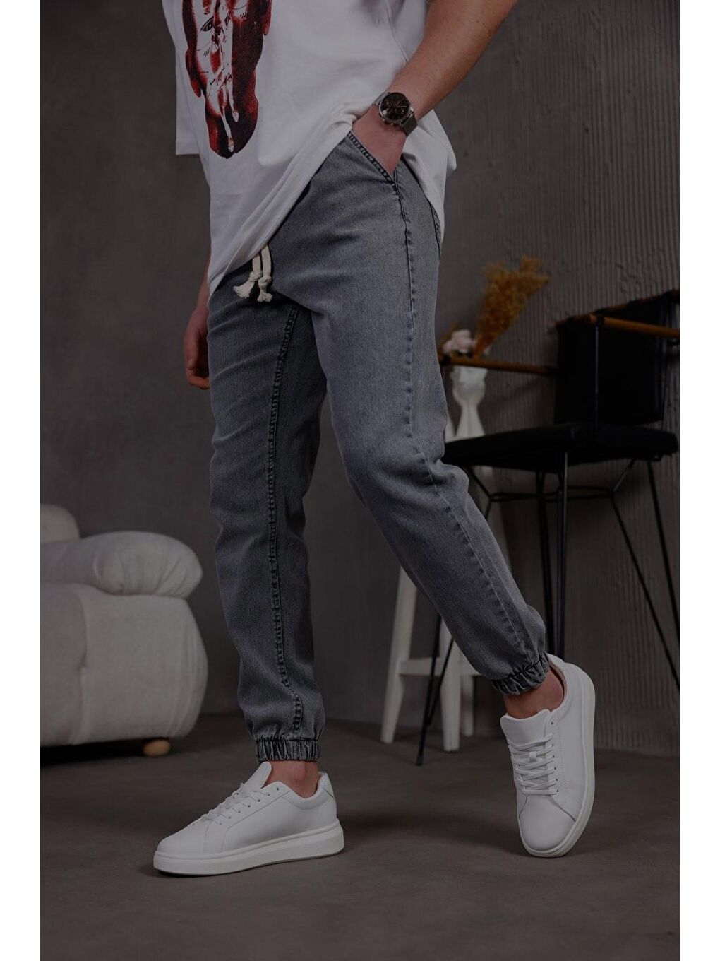 Antrasit Zessi Paçası ve Beli Lastikli Slim Fit Elastanlı Jean Jogger Pantolon-3