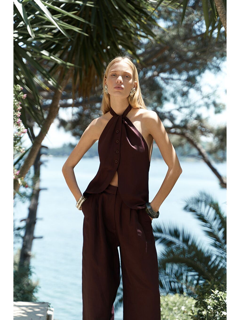 Prasetsah Bağlamalı Bordo Crop Pantolon Takım