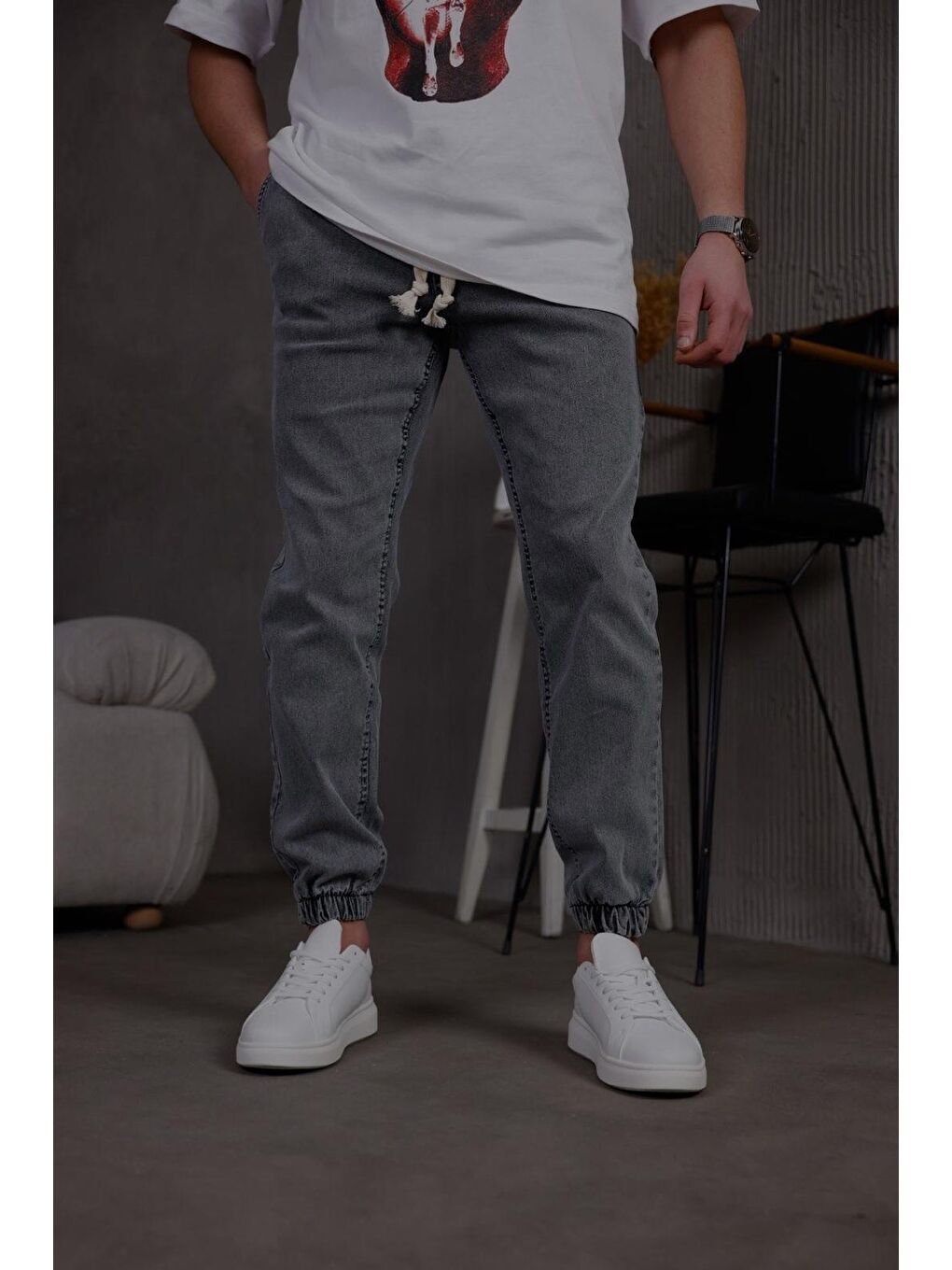Antrasit Zessi Paçası ve Beli Lastikli Slim Fit Elastanlı Jean Jogger Pantolon-4