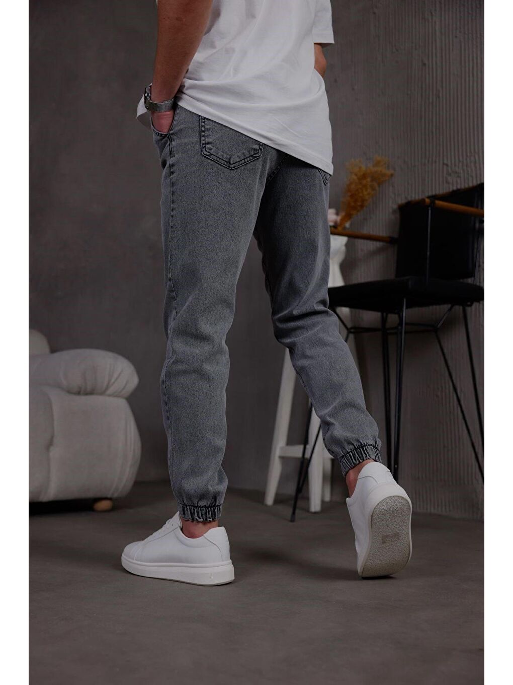Antrasit Zessi Paçası ve Beli Lastikli Slim Fit Elastanlı Jean Jogger Pantolon-5