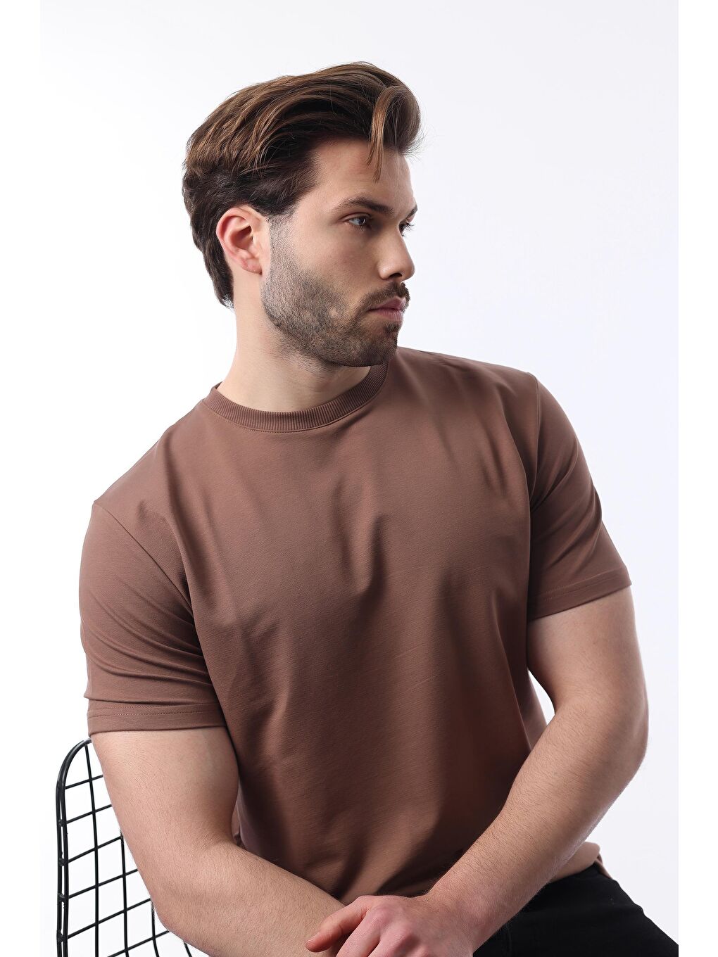 Kahverengi Bisiklet Yaka Basic Kısa Kollu Tişört 7042-2