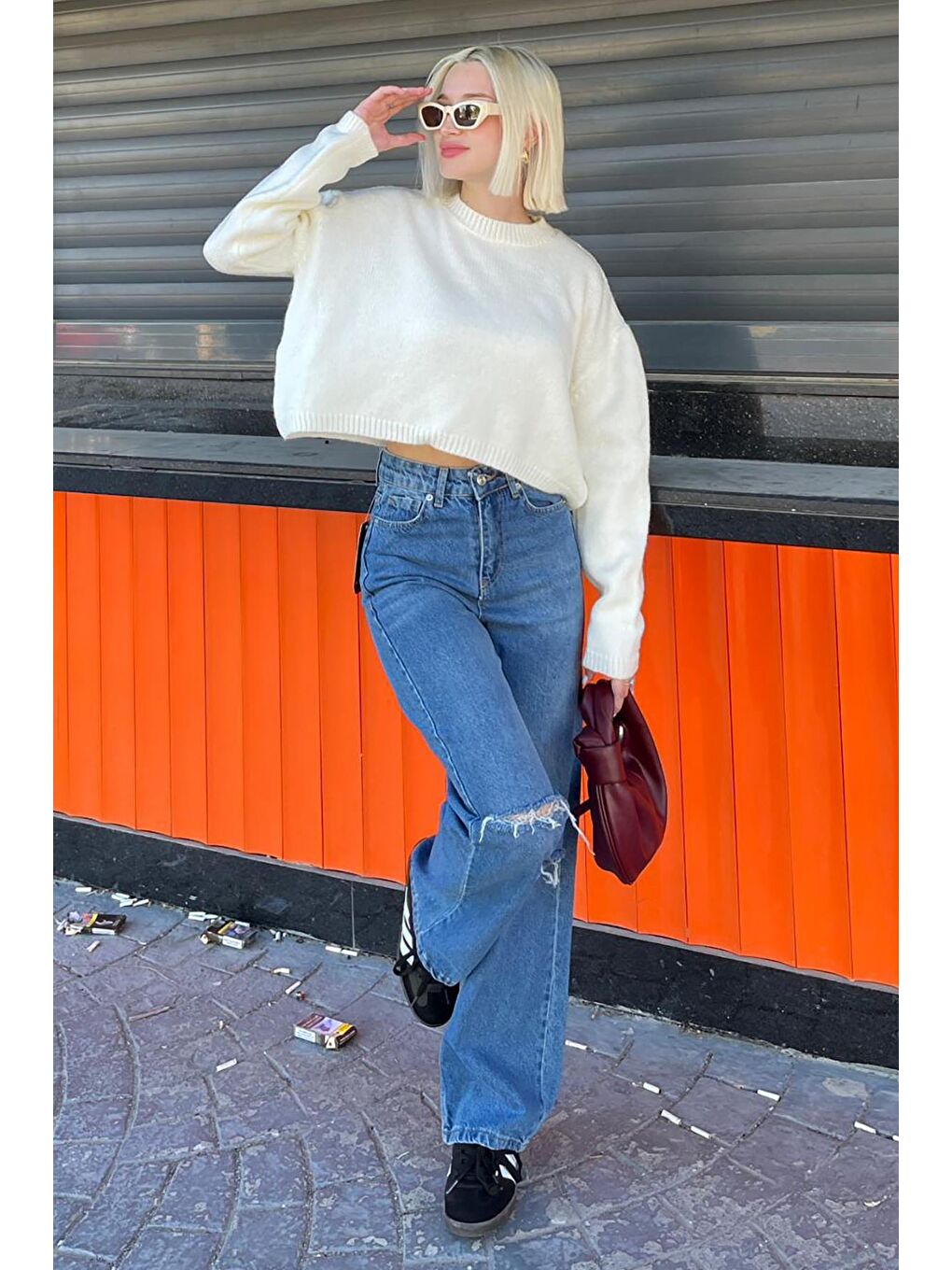 Ekru Krem Bisiklet Yaka Crop Kadın Kazak Mg2166