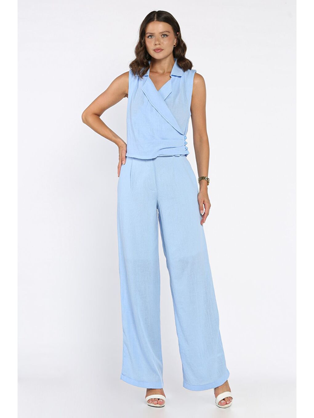 Mavi Kruvaze Yaka Keten Yelek Pantolon İkili Takım-2