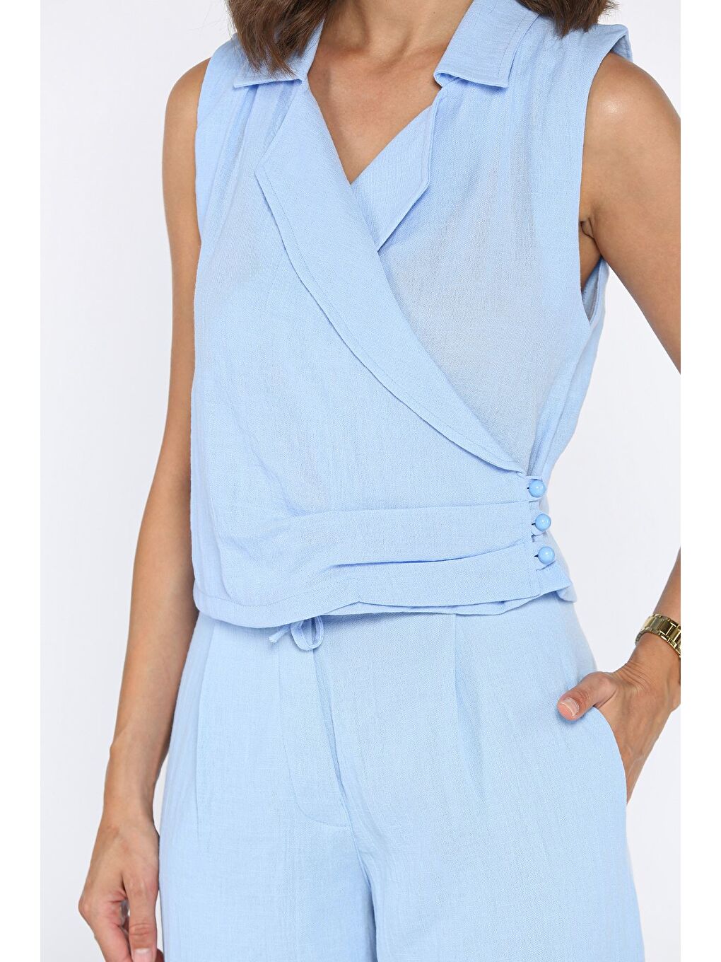 Mavi Kruvaze Yaka Keten Yelek Pantolon İkili Takım-4