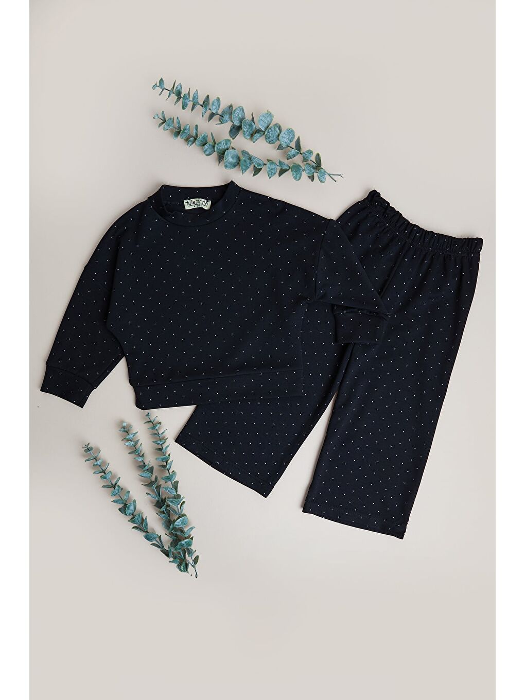 Siyah Puantiye Desenli Dik Yaka Flare Kız Çocuk 2 Li Takım
