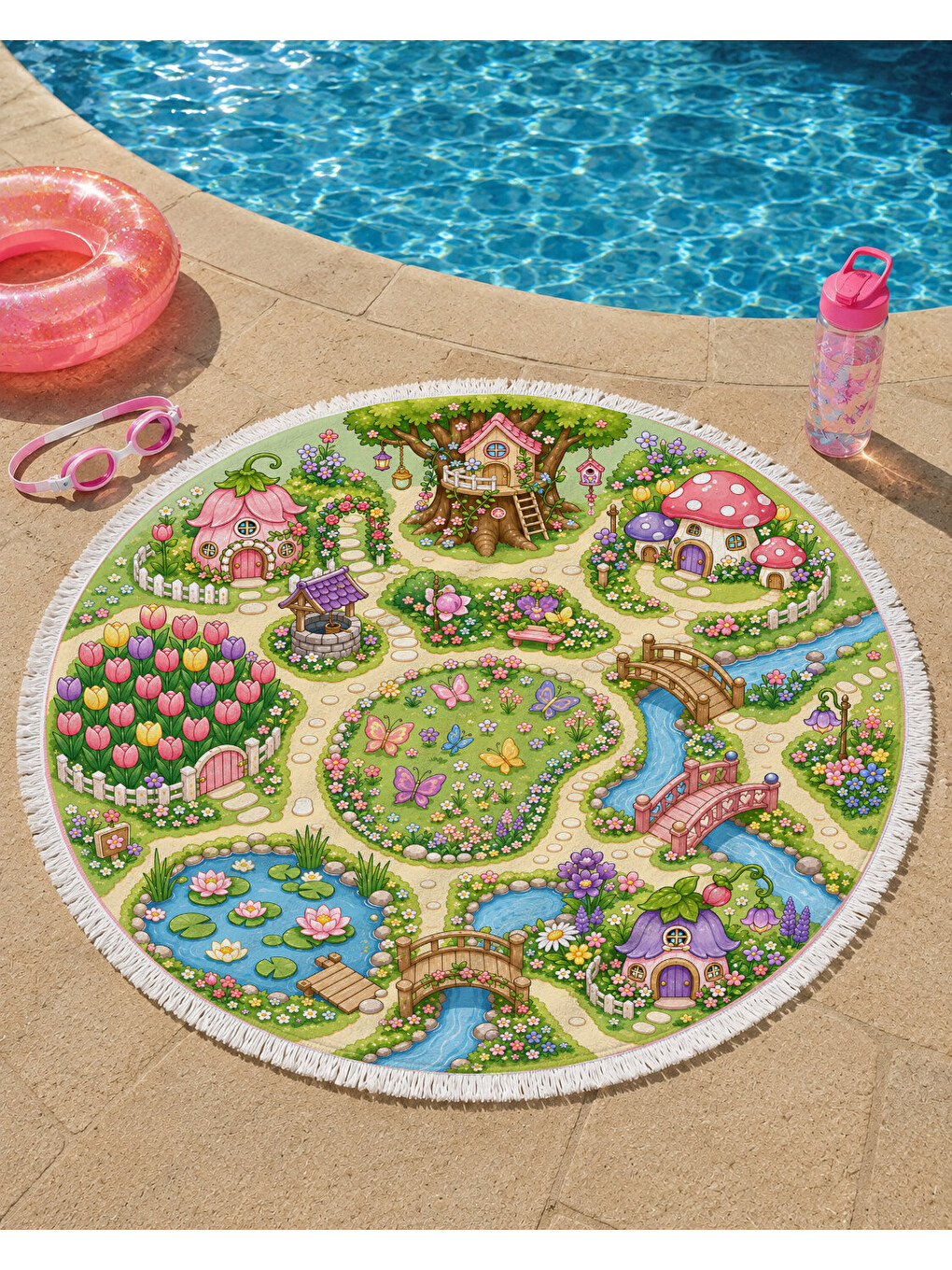 Karışık Bahar Bahçesi Haritası Kız Çocuk Yuvarlak Plaj Havlusu 150 CM-3