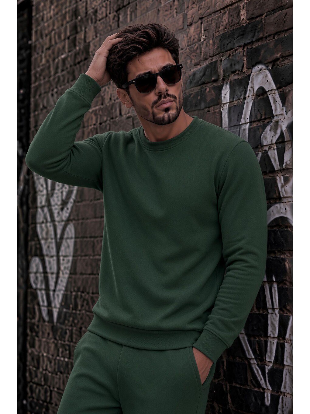 Yeşil John Erkek İki İpli Şardonlu Düz Renk Günlük Bisiklet Yaka Sweatshirt