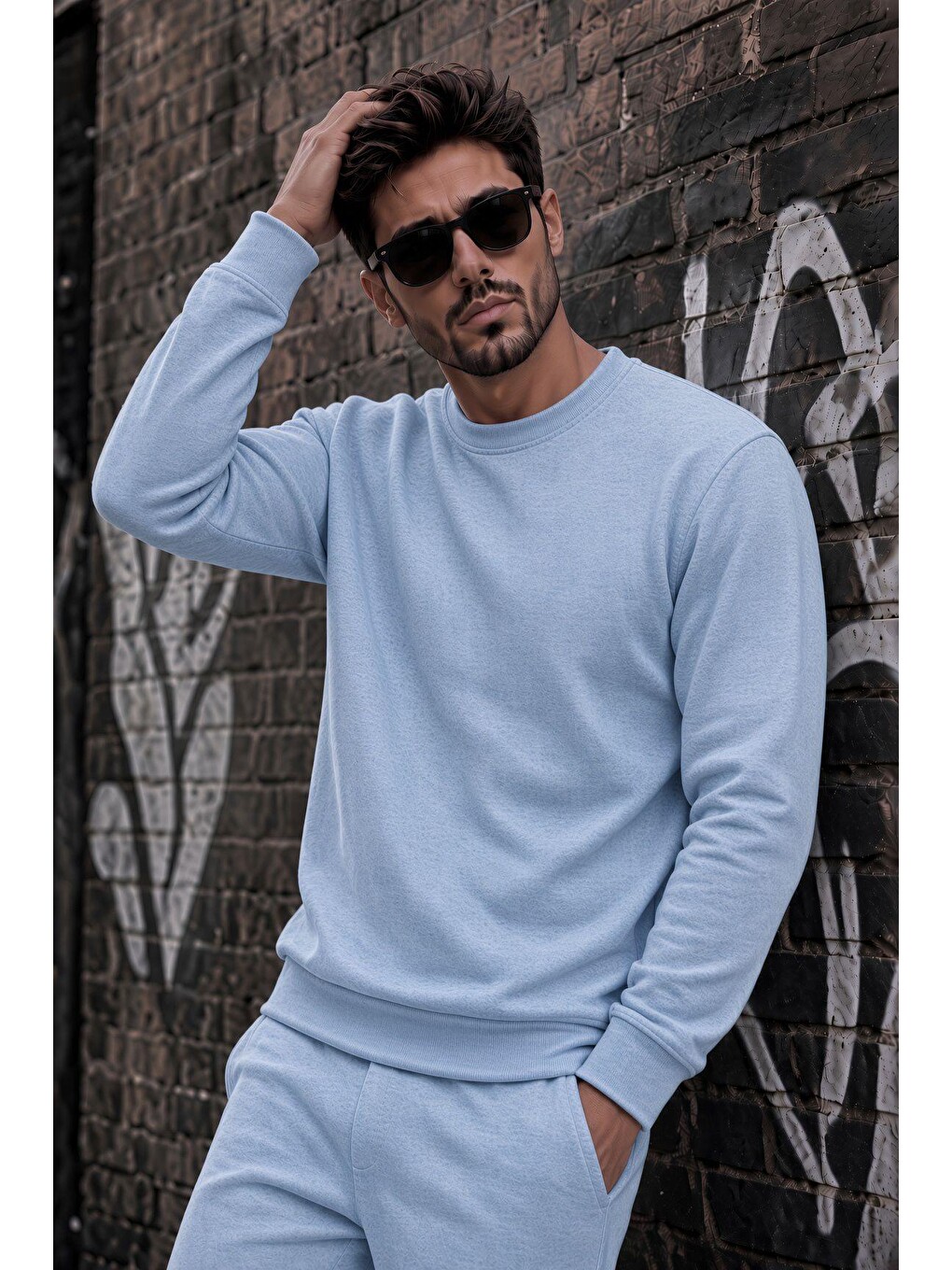 Turkuaz John Erkek İki İpli Şardonlu Düz Renk Günlük Bisiklet Yaka Sweatshirt-1