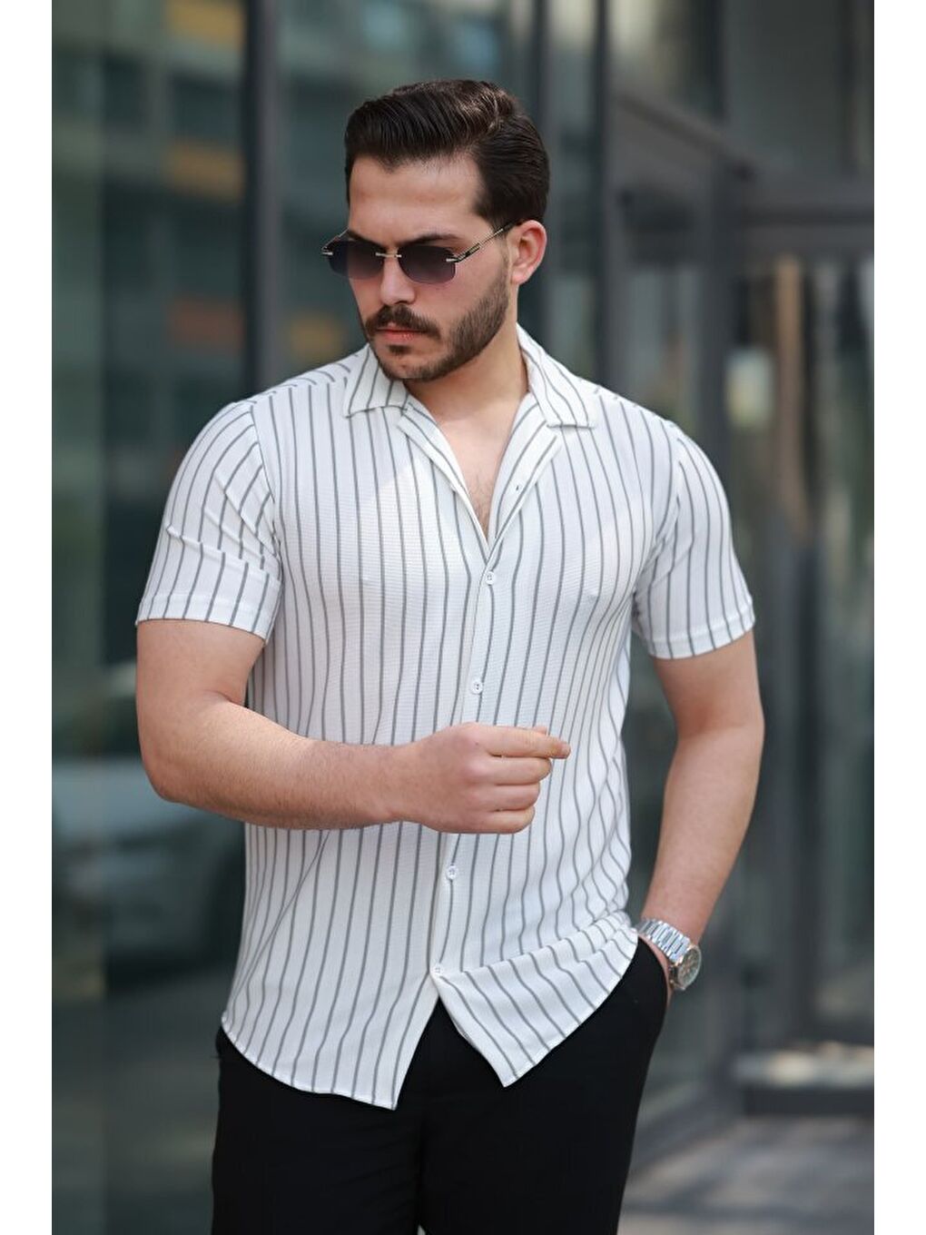 Beyaz Erkek Kısa Kollu Gri çizgi Desenli örme Kumaş Pamuklu Gömlek