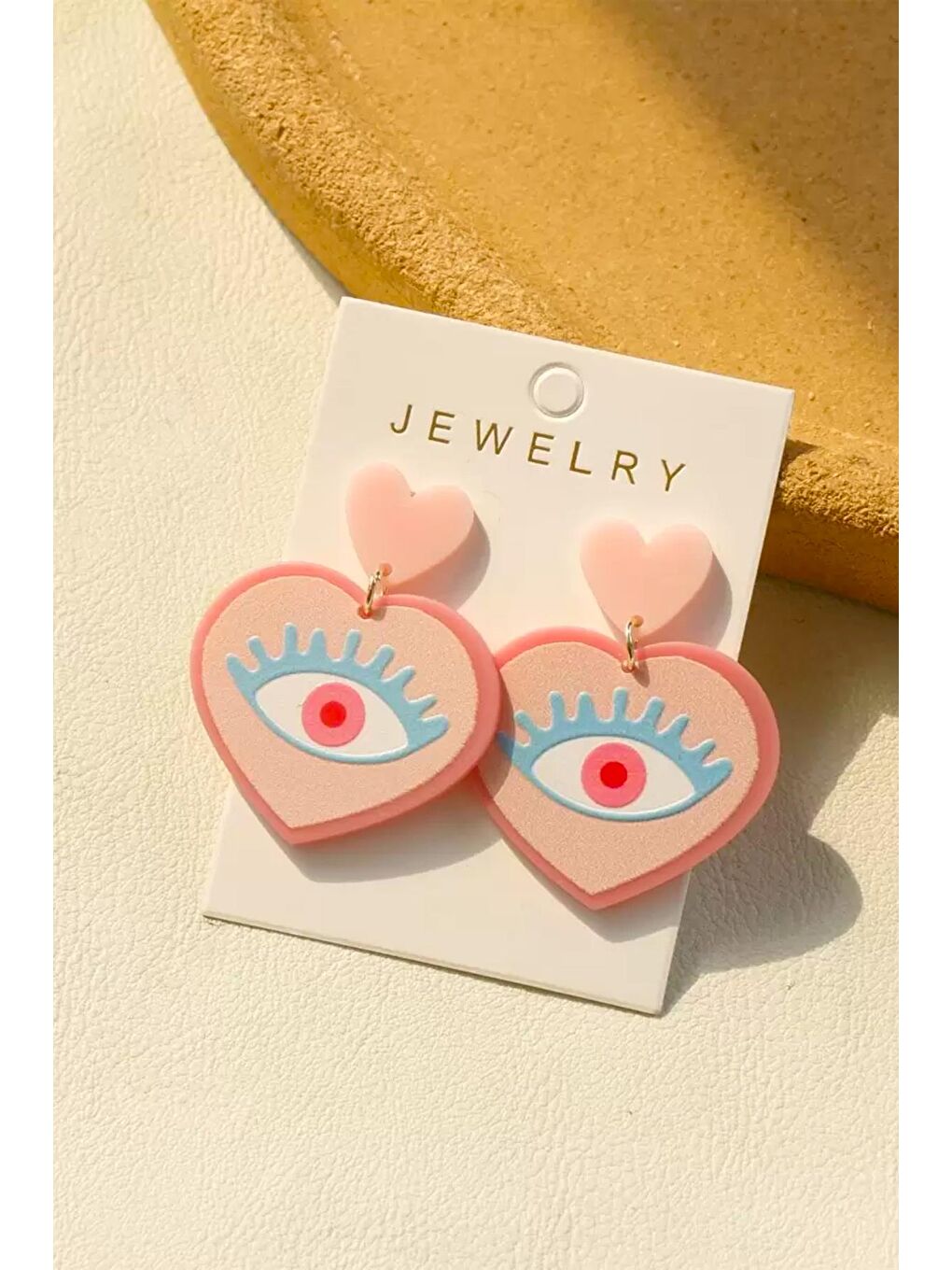 Tatlı Pembe Göz Detaylı Asetat Küpe-3