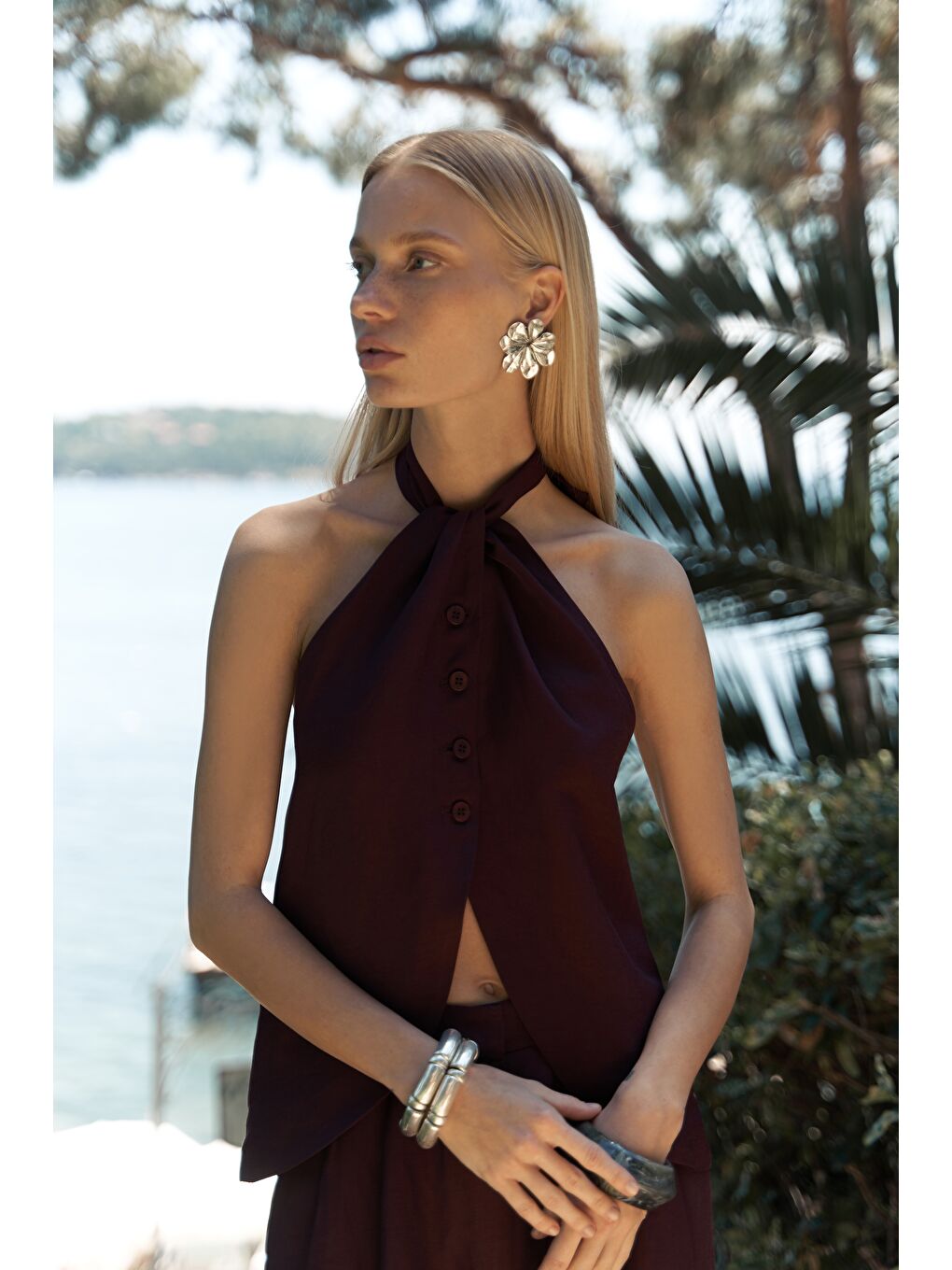 Prasetsah Bağlamalı Bordo Crop Pantolon Takım-2