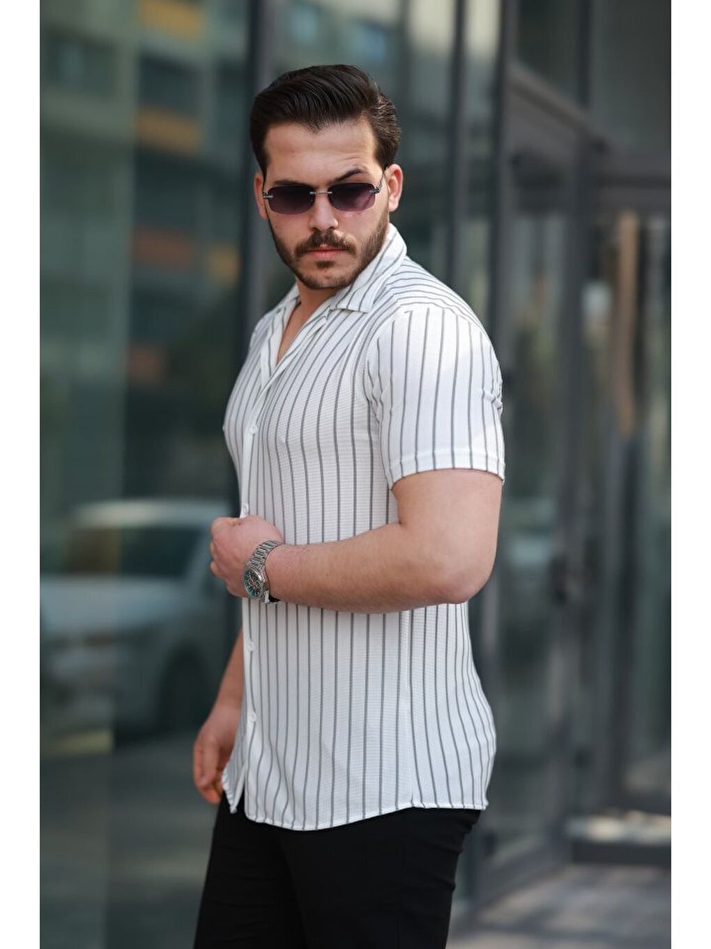 Beyaz Erkek Kısa Kollu Gri çizgi Desenli örme Kumaş Pamuklu Gömlek-1